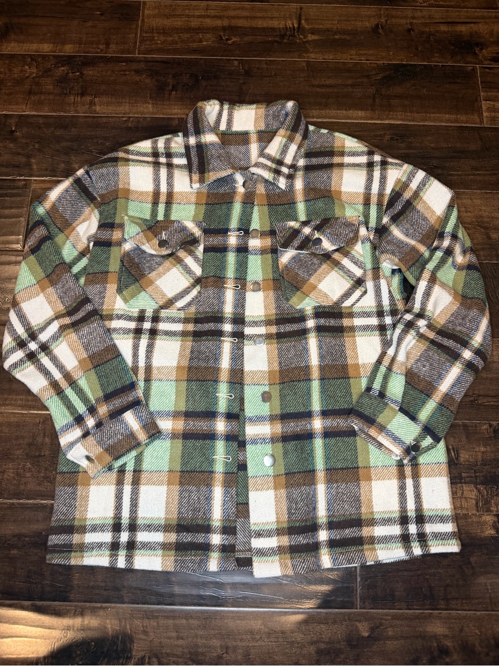 Unbranded Plaid Shacket Jacket Green Brown Cream Fleece Snap Button Size Small